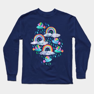 Spring Showers and Rainbow Birds on Navy Blue Long Sleeve T-Shirt